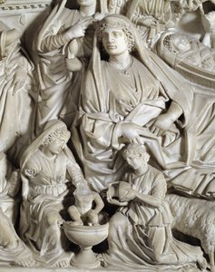 La nativite（耶稣诞生）详图 尼古拉-皮萨诺（1215/20-1278/84）实现的椅子（大理石讲坛） 1260年意大利比萨的圣约翰浸礼会。 作者 尼古拉·皮萨诺（Nicola Pisano）