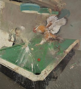 与公鸡打台球，2021 年（布面油画） 作者 尼古拉·普奇