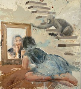 镜中女孩与狒狒，2023 年（布面油画） 作者 尼古拉·普奇