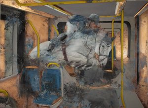 白马跳上火车，2023 年（铜板油画） 作者 尼古拉·普奇
