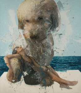 与狗和大海在一起的女人，2019（布面油画） 作者 尼古拉·普奇
