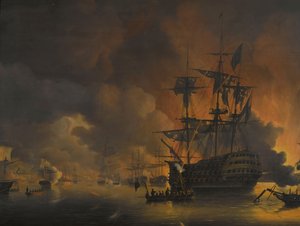 1816 年 8 月 27 日，英荷舰队开始轰炸后不久，阿尔及尔码头发生火灾
英荷舰队驻扎阿尔及尔湾期间的四个插曲，1816 年 8 月 26 日至 27 日（系列标题） 作者 尼古拉斯·鲍尔（Nicolaas Baur）