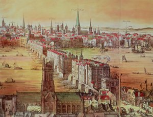 旧伦敦桥，详细信息来自&39;Vischer&39;s London&39;，17世纪（雕刻）