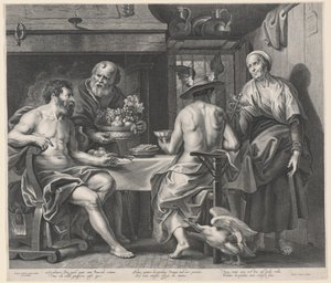 朱庇特和墨丘利与菲利蒙和鲍西斯的娱乐活动 作者 Nicolaes Lauwers，在 Jacob Jordaens 之后