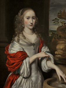 站在喷泉附近的年轻女孩的画像 作者 尼古拉斯·梅斯（Nicolaes Maes）