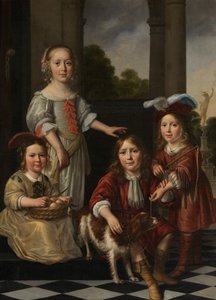四个孩子的肖像（布面油画） 作者 尼古拉斯·梅斯（Nicolaes Maes）