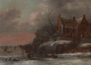 冬季景观，人物在结冰的河流上滑雪橇 作者 尼古拉（Nicolaes Molenaer）