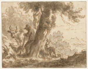 树旁的牧羊人和他的牛 作者 Nicolaes Pietersz Berchem (可能)