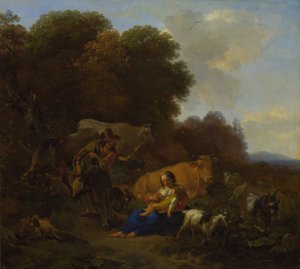 1658年，一位农民扮演一个女人和孩子的手风琴 作者 尼古拉斯·彼得斯（Nicolaes Pietersz）。 Berchem