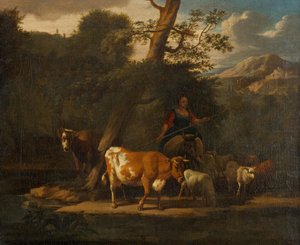 牧羊女与树下的奶牛 作者 尼古拉斯·彼得斯（Nicolaes Pietersz）。 Berchem