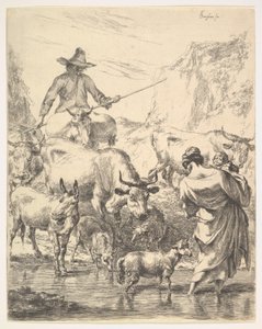过河的牛群。 作者 尼古拉斯·彼得斯（Nicolaes Pietersz）。 Berchem