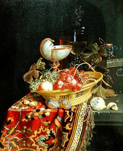 篮子里的水果和鹦鹉螺杯的静物画 作者 尼古拉斯·范·盖尔德（Nicolaes Van Gelder）