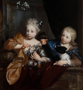 建筑环境中的小男孩和女孩 作者 尼古拉（Nicolaes Verkolje）