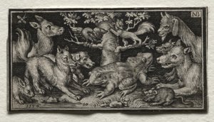 两头青蛙被动物包围，1594年。