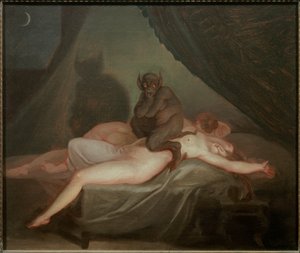 噩梦。 坐在半夜熟睡的裸体女人身上的恶魔。 Nicolas Abraham Abildgaard (1743-1809) EC.Dan 的绘画。