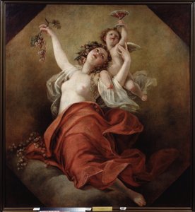 巴肯特（Bacchante）。一位胸部裸露的妇女手持一串葡萄，一位天使端着一杯红酒。尼古拉-阿波罗诺维奇-马尔科夫（1794-1873 年）的画作，布面油画