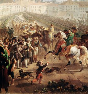 The French army, commanded by Napoleon Bonaparte, entering Munich on 24 October 1805. (Detail Painting