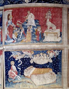 悬挂的启示录（1373-1383）。N. 44高：贝特有七个头。N. 51低。正义者的睡眠。尼古拉-巴泰尔（1330-1405）的挂毯 作者 尼古拉斯·巴塔耶（Nicolas Bataille）