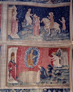 悬挂的启示录（1373-1383），第46节：贝特把它的数字带给所有人：666。下面，第53页，当选者的收获。尼古拉-巴泰尔（1330-1405）的挂毯 作者 尼古拉斯·巴塔耶（Nicolas Bataille）