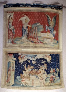 悬挂《启示录》（1373-1383），第59页：第二和第三瓶倾倒在海和水之上。楼下，第66页，巴比伦被恶魔入侵。尼古拉-巴泰尔（1330-1405）的挂毯 作者 尼古拉斯·巴塔耶（Nicolas Bataille）