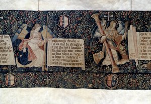 悬挂的《启示录》（1373-1383），天使拿着受难的工具。尼古拉-巴蒂尔（1330-1405）的挂毯 作者 尼古拉斯·巴塔耶（Nicolas Bataille）