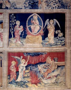 启示录的帷幕（1373 - 1383），第15和18号：上帝和圣约翰看到灾难时哭泣。尼古拉-巴泰尔（1330-1405）的挂毯 作者 尼古拉斯·巴塔耶（Nicolas Bataille）