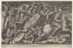 罗马士兵与达契亚人作战，战斗场景在浅水区，有马和角...，1553年。