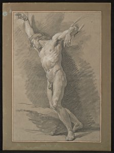 双臂被绳索捆绑的裸体男子的画像（灰纸上的黑白粉笔画）