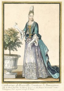 法国版画传播法国时尚：阿马尼亚克伯爵夫人凯瑟琳·德·诺维尔的肖像 雅文邑伯爵夫人凯瑟琳·德·诺维尔 (Catherine de Neuville) 的着装遵循法国时尚风格。 1685 作者 罗伯特·波纳特