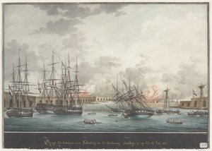 1821 年 7 月 24 日中午至 12 时胜利后巴伦邦外海炮台的景色（标题见实物） 作者 尼古拉斯·坎米列里（Nicolas Cammillieri）