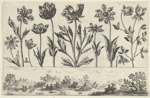 横板上有一排花，上面有山水人物的壁画，来自《李》，1645年。