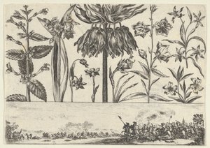 横板上有一排花，上面有一个风景中的战斗场景的壁板，...，1645年。