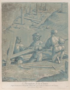 十字架的发明，三个人从战壕里抬起一个十字架，出自《Recueil ...》，约1729-64。 作者 尼古拉斯·勒苏尔