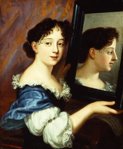 一位拿着镜子的女士，约 1660 年（布面油画）
