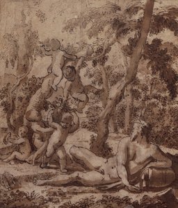 有河神和普提的森林景观（笔墨）。 作者 尼古拉斯·普桑（Nicolas Poussin）