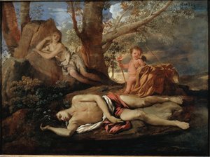 尼古拉斯·普桑（Nicolas Poussin）的画作《回旋的变形记》中启发奥维德的传奇故事的回声和水仙插图 作者 尼古拉斯·普桑（Nicolas Poussin）