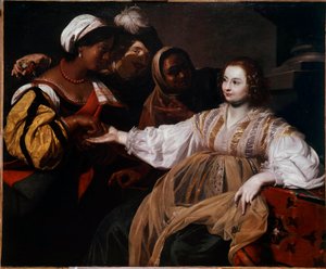 算命先生 一个女人来咨询手相师。 Nicolas Regnier (1591-1667) 的画作 1,2x1,5 m