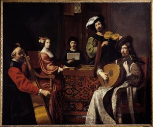 巴洛克音乐：“音乐会”“演奏弦乐器的音乐家。 Nicolas Tournier (1590-1657) 17 世纪的绘画。 1,88x2,26 m