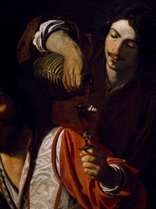尼古拉-托尼耶（Nicolas Tournier）（1590年受洗-1639年之前）创作的《仆人倒酒》，酒客聚会的细节，布面油画。