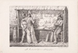 卖石版画的人》（Le Marchand de dessins lithographiques）。 作者 亚历山大·加布里埃尔（后）Decamps