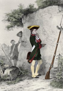 拿破仑一世-波拿巴（1769 - 1821）1783年在布里耶纳的军事学校。19世纪夏尔莱的雕刻作品。