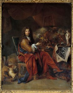 查尔斯·勒布伦 (Le Brun) (1619-1690) 的肖像，路易十四国王的第一位画家 尼古拉斯·德·拉吉利埃 (Nicolas de Lagilliere) (1656-1746) 的画作 2,32 x 1,81 m。 巴黎。 卢浮宫