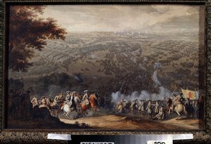 1709 年 6 月 27 日的波尔塔瓦战役。在大北方战争（1700 年至 1721 年）期间，瑞典卡尔十二世的瑞典军队与俄国沙皇彼得大帝的军队在此对决。尼科绘画