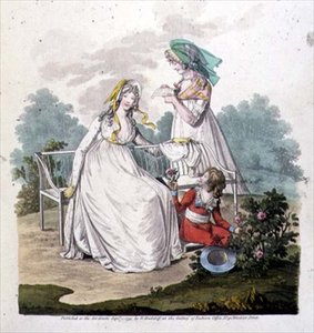 穿着马裤和吊带裙的男孩，来自N. Heideloff的《时尚画廊》，1795年9月（彩色版画）