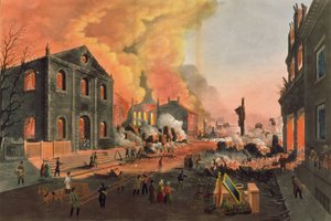 1835年12月16日至17日在纽约大火之后的废墟景观，由酒吧的WI Bennett刻。作者：LP Glover，纽约，1835年（彩色aquatint）