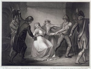 法国大革命：1794 年 5 月 10 日，法国国王路易十六的妹妹伊丽莎白（1764-1794 年）从康西耶监狱获释。尼科洛-夏沃内蒂（卒于 1813 年）的雕刻作品，巴黎，卡纳瓦罗博物馆 作者 尼科洛·夏沃内蒂