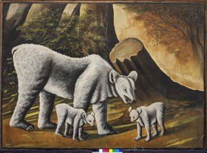 一头母熊和小熊 par Pirosmani, Niko (1862-1918).油布上的油彩，尺寸：100x139