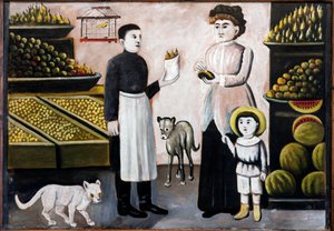 Fruit Stall par Pirosmani, Niko (1862-1918)。 纸板油彩，尺寸：104x73，Niko Pirosmanashvili 博物馆，Mirzaani