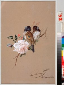 玫瑰上的两只鸟--尼古拉-叶戈罗维奇-斯维奇科夫（Nikolai Yegorovich Sverchkov，尼古拉-斯维奇科夫）（1817-1898 年）的作品，纸上水彩和墨迹