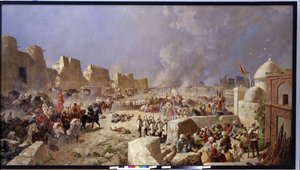 俄军入侵撒马尔罕（乌兹别克斯坦）。在俄国向中亚扩张期间，俄国人于 1868 年占领了撒马尔罕。尼古拉-尼古拉耶维奇-卡拉辛（1842-1908 年）的画作，1888 年布面油画。艺术